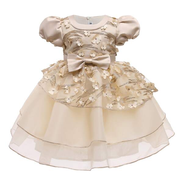 

Toddler Girls Floral Appliques Bow Tutu Dress, Champagne