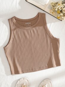 INAWLY Solid Rib-Knit Crop Tank Top - Mocha Brown - View 3