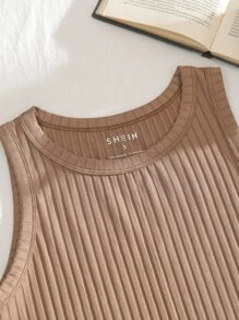 INAWLY Solid Rib-Knit Crop Tank Top - Mocha Brown - View 6