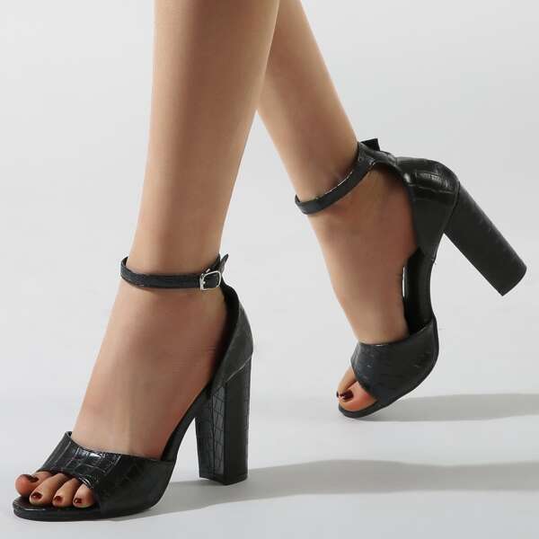 

Croc Embossed Chunky Heeled Sandals, Black
