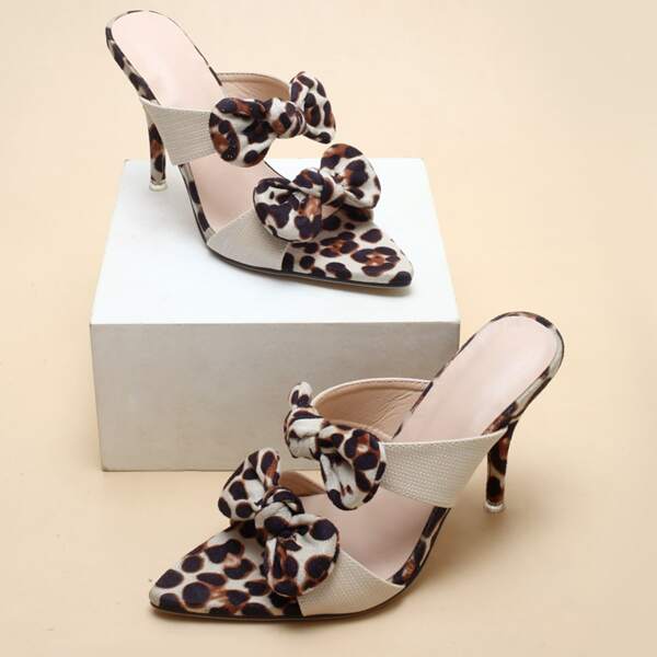 

Leopard Bow Decor Stiletto Heeled Mules, Multicolor