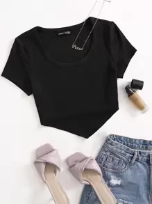 Muchica Áo thun Bất đối xứng màu trơn Giải trí - màu đen - Xem 1