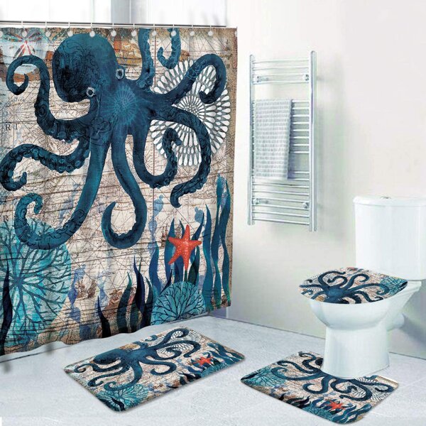 

1pc Octopus Print Shower Curtain Or 1pc Closestool Mat, Multicolor