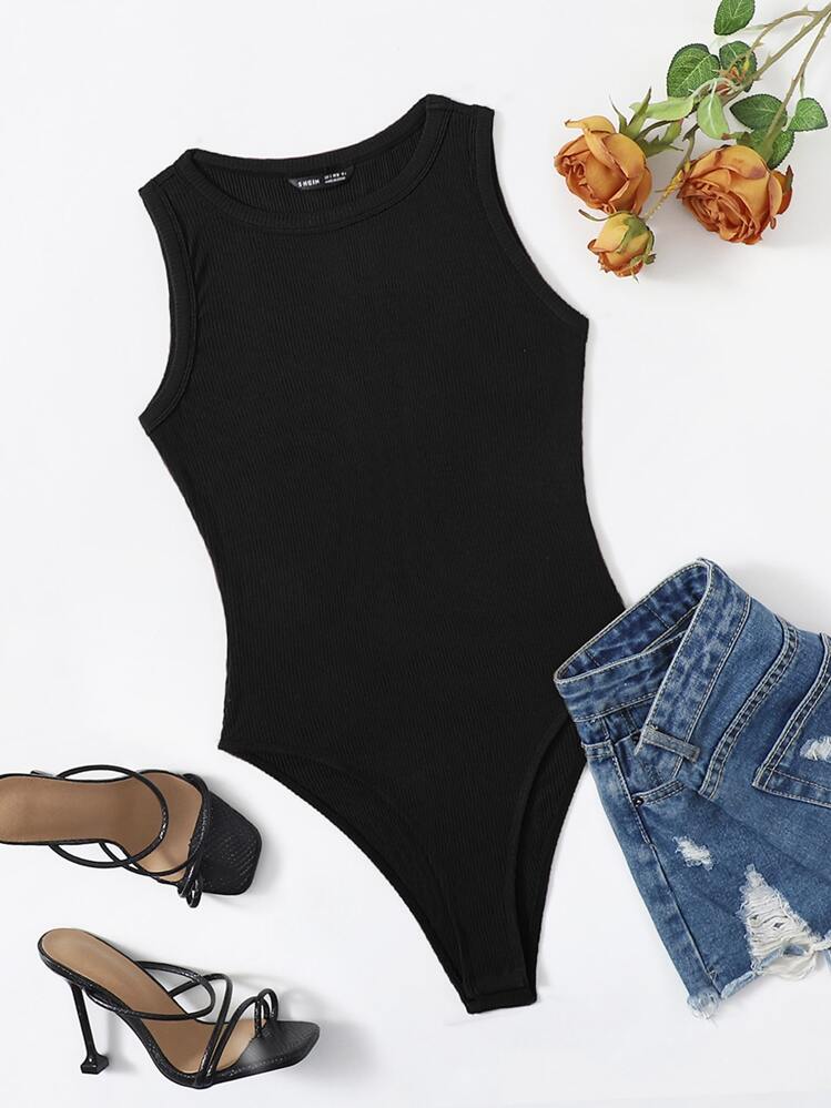 SHEIN Body tejido de canalé sin manga - Negro - Añade 1