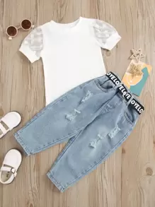 小女童拼接網紗羅紋針織T恤帶破洞錐形牛仔褲 - 藍白色 - 查看 1