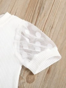 小女童拼接網紗羅紋針織T恤帶破洞錐形牛仔褲 - 藍白色 - 查看 5