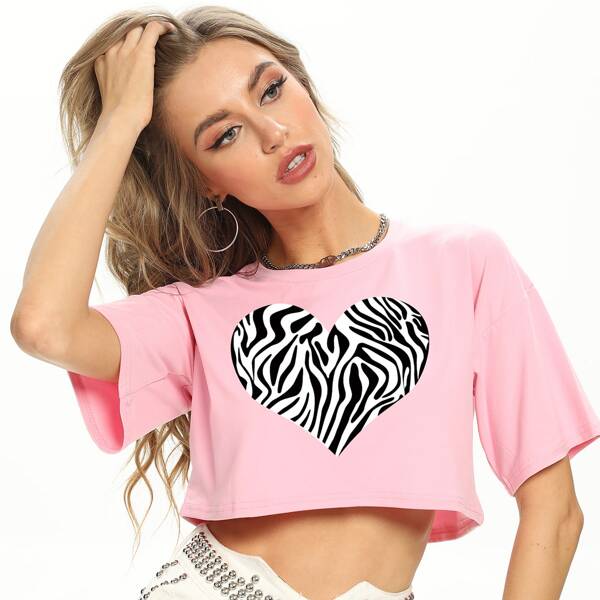 

Zebra Stripe & Heart Print Crop Tee, Baby pink