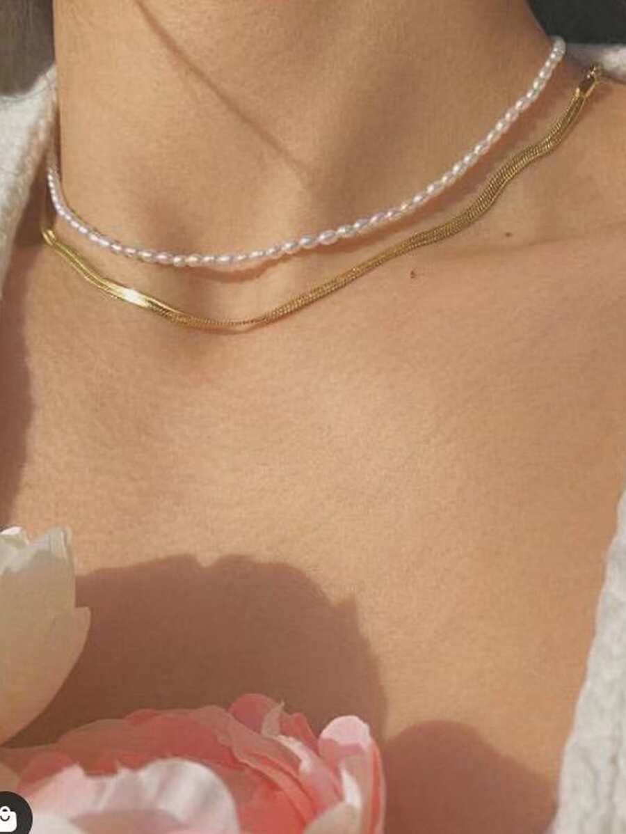 2 Miếng Ngọc trai giả Đính cườm Dây chuyền - Vàng - Xem 1