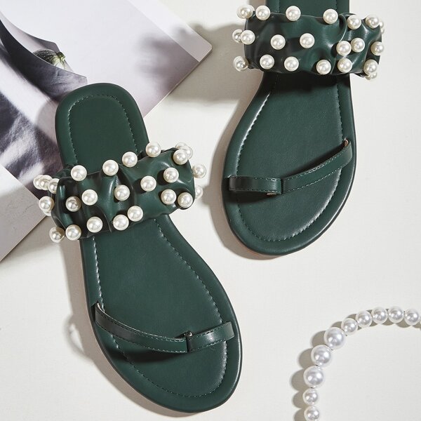 

Faux Pearl Decor Thong Sandals, Dark green