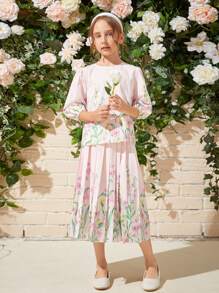 SHEIN 女孩燈籠袖印花上衣和百褶半身裙套裝