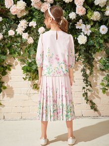 SHEIN 女孩燈籠袖印花上衣和百褶半身裙套裝