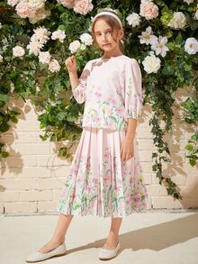 SHEIN 女孩燈籠袖印花上衣和百褶半身裙套裝