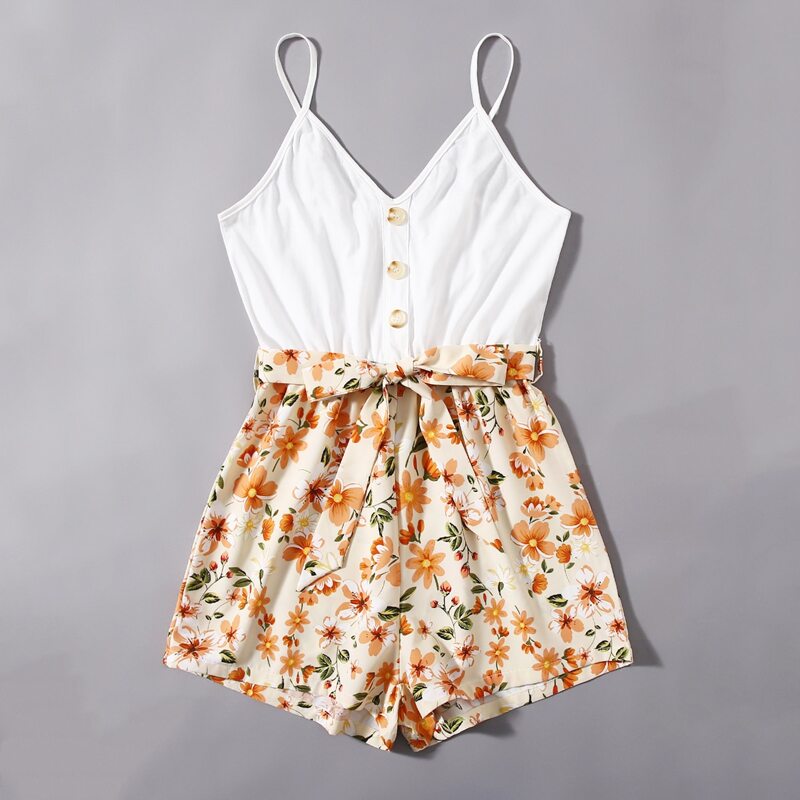 

Floral Button Belted Romper, Multicolor