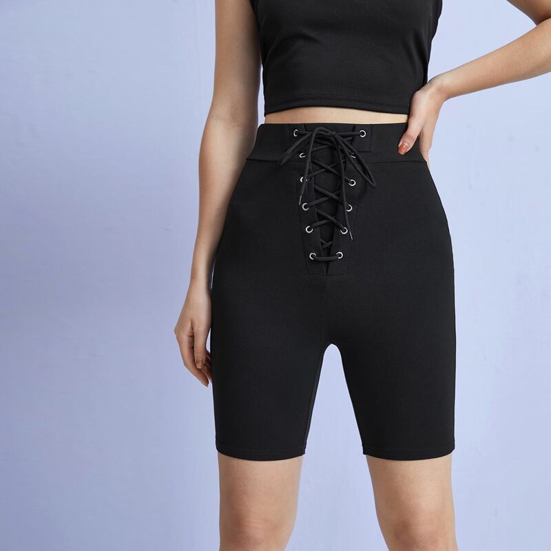 

Solid Lace Up Biker Shorts, Black