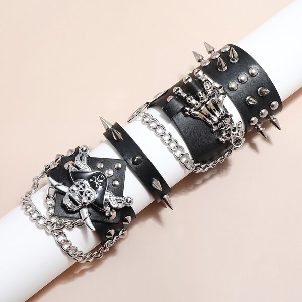 

4pcs Men Skull Decor Bracelet, Black