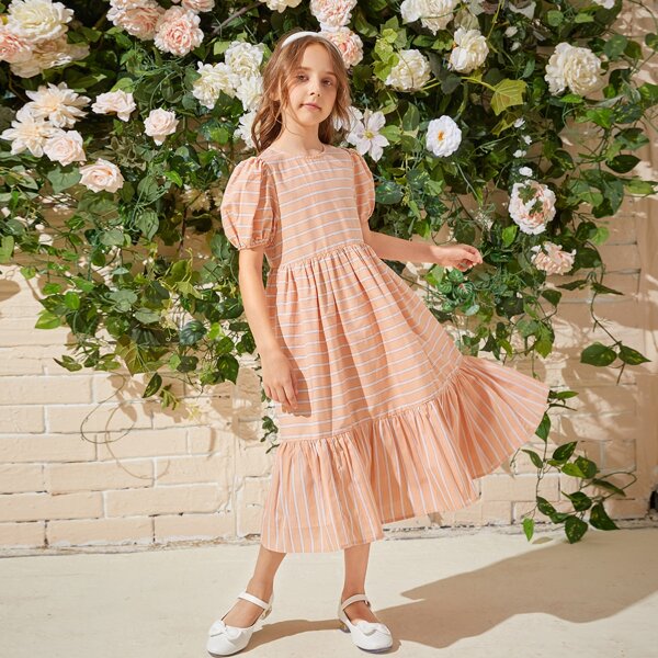 

Girls Puff Sleeve Ruffle Hem Striped Dress, Coral orange
