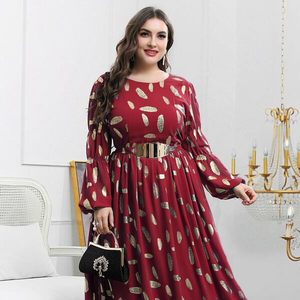 

Plus Allover Gold Leaves Print Belted Dress, Burgundy