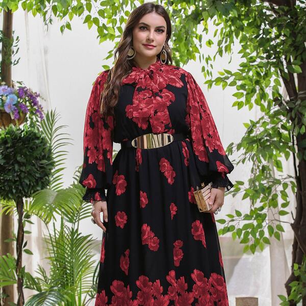 

Plus Tie Neck Floral Print A-line Dress, Multicolor