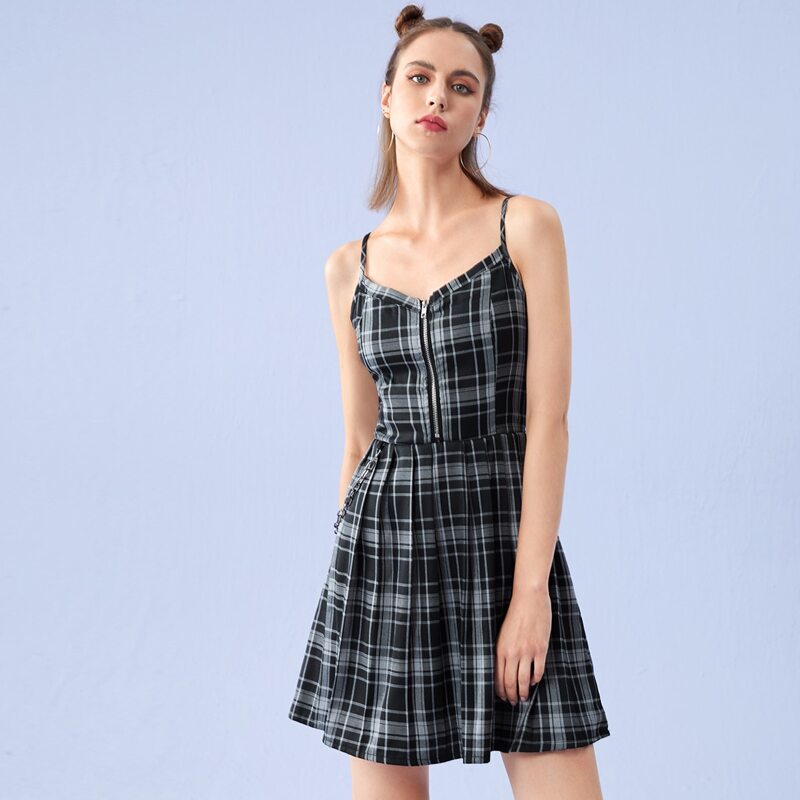 

Plaid Half Zip Cami Dress, Black and white