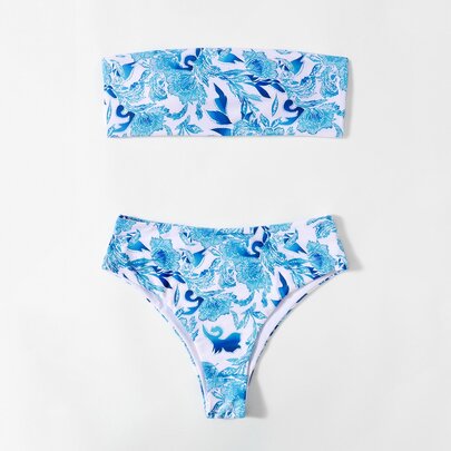 Allover Print Bandeau Bikini Swimsuit
