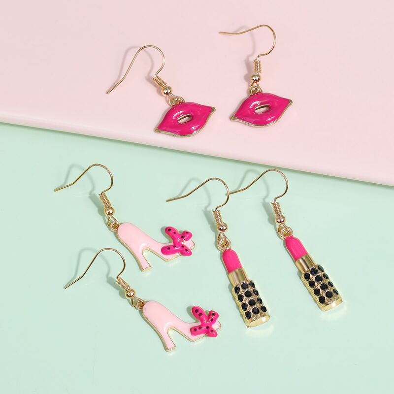 

3pairs High Heels & Lipstick Drop Earrings, Hot pink