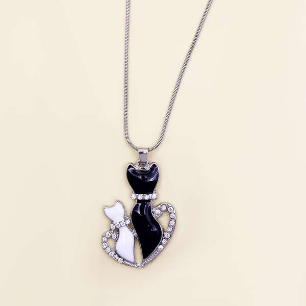 

Rhinestone Heart & Cat Charm Necklace, Black and white