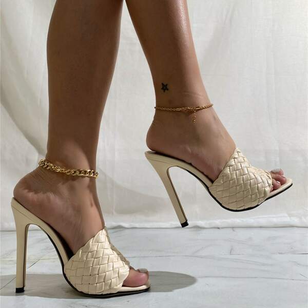

Braided Stiletto Heeled Mule Sandals, Beige