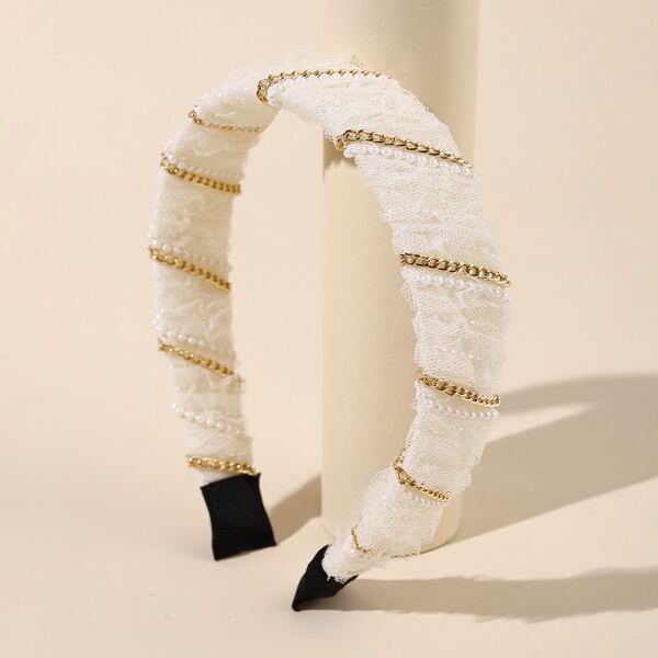 

Faux Pearl & Chain Decor Headband, White