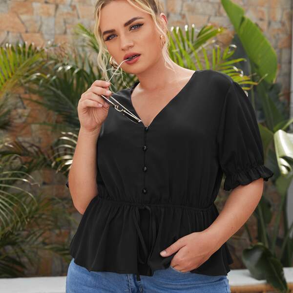 

Plus Solid Babydoll Blouse, Black