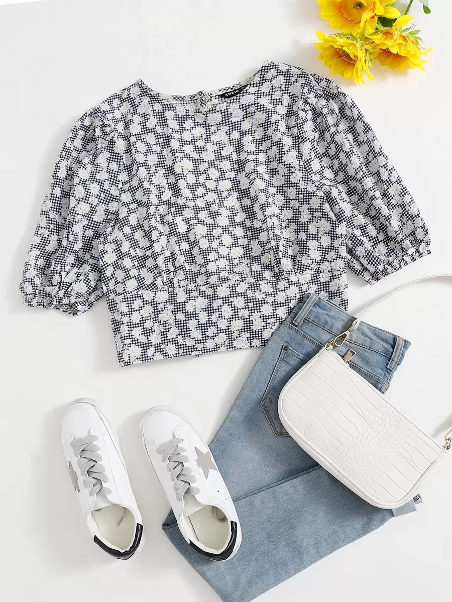Mulvari Tied Backless Daisy Floral and Gingham Top