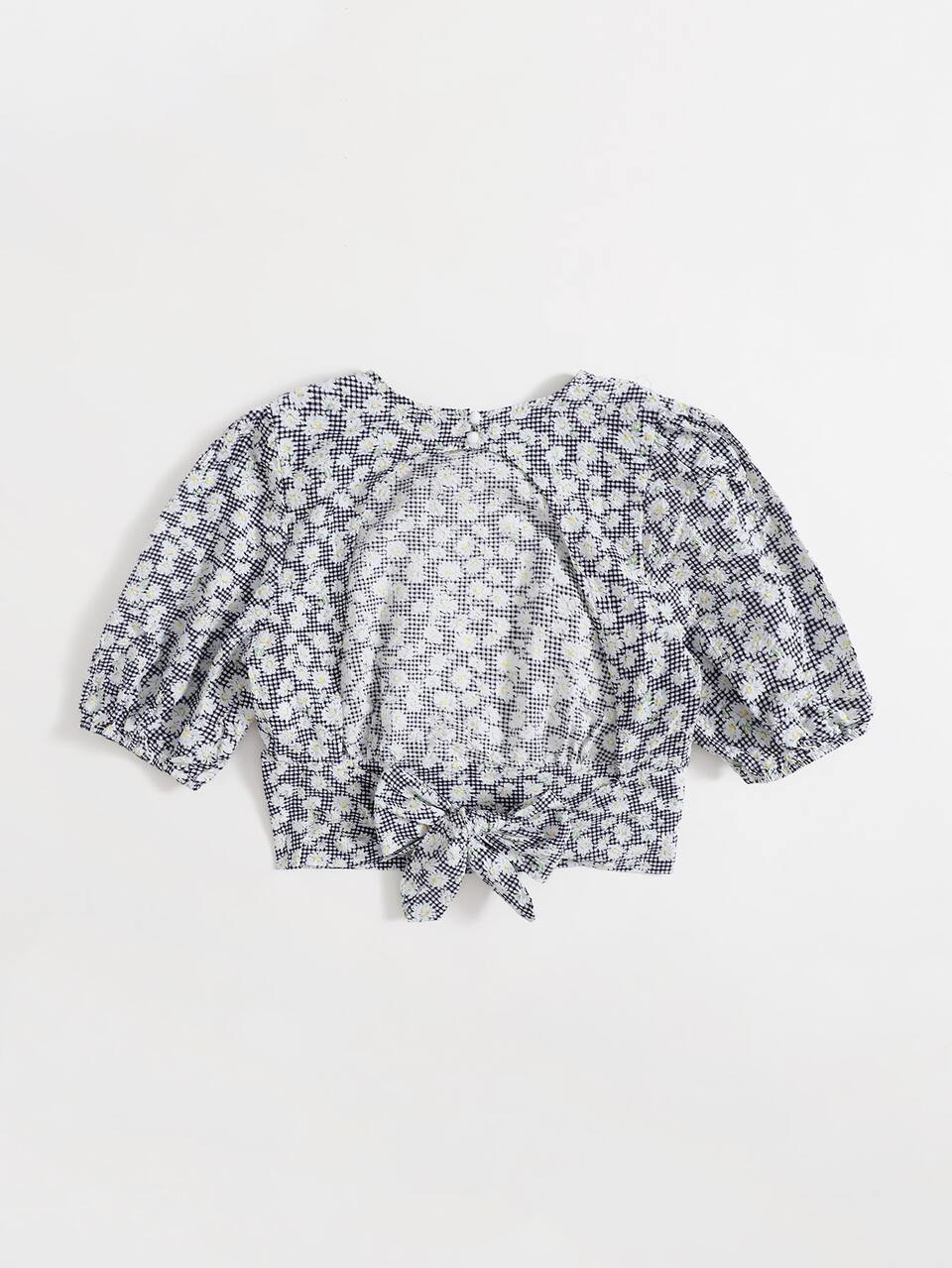 Tied Backless Daisy Floral and Gingham Top