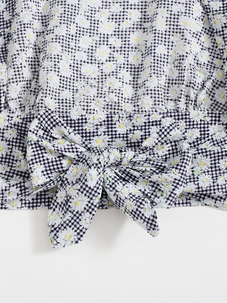 Tied Backless Daisy Floral and Gingham Top