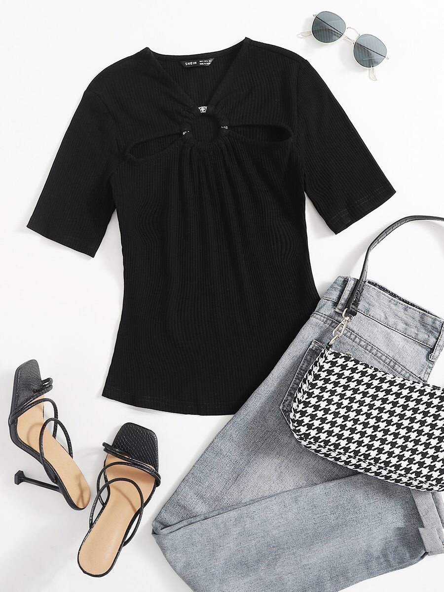 Mulvari Áo thun Cắt ra màu trơn Giải trí - màu đen - Xem 1