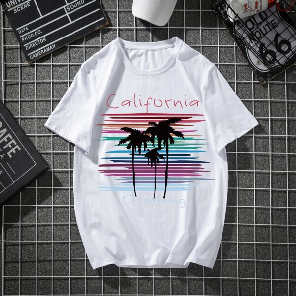 

Men Tropical And Letter Graphic Tee, White