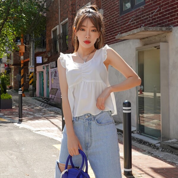 

Ruffle Trim Ruched Babydoll Blouse, White
