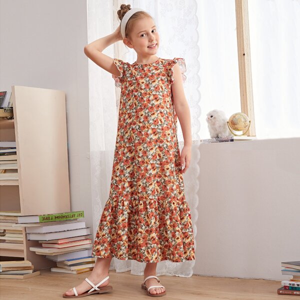 

Girls Allover Floral Print Ruffle Armhole Smock Dress, Multicolor