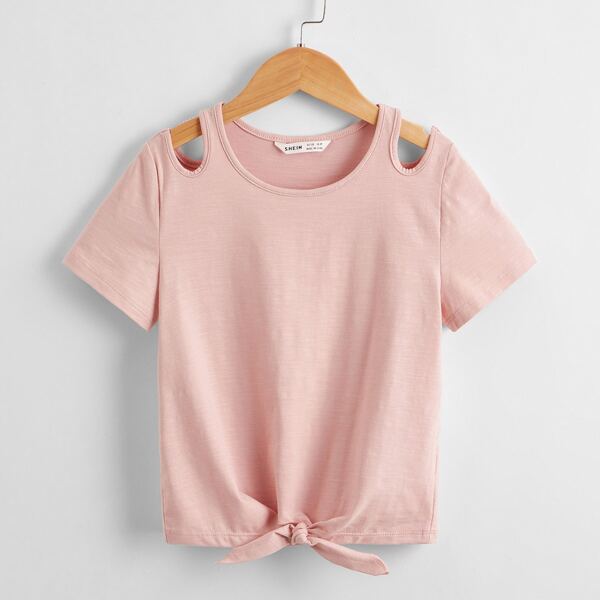 

Girls Cut Out Shoulder Knot Hem Top, Baby pink