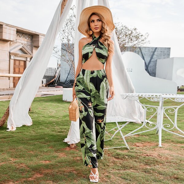 

Cross Wrap Front Tied Open Back Top and Pants Set, Multicolor