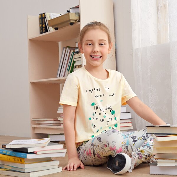 

Girls Cartoon and Slogan Print Top & Leggings Set, Multicolor