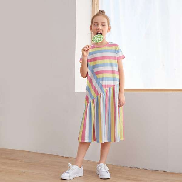 

Girls Ruffle Hem Striped Colorblock Dress, Multicolor