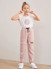 LOONEY TUNES X SHEIN Mädchen Top mit Karikatur Grafik & Hose mit Schnürung-Taille und Taschenklappe