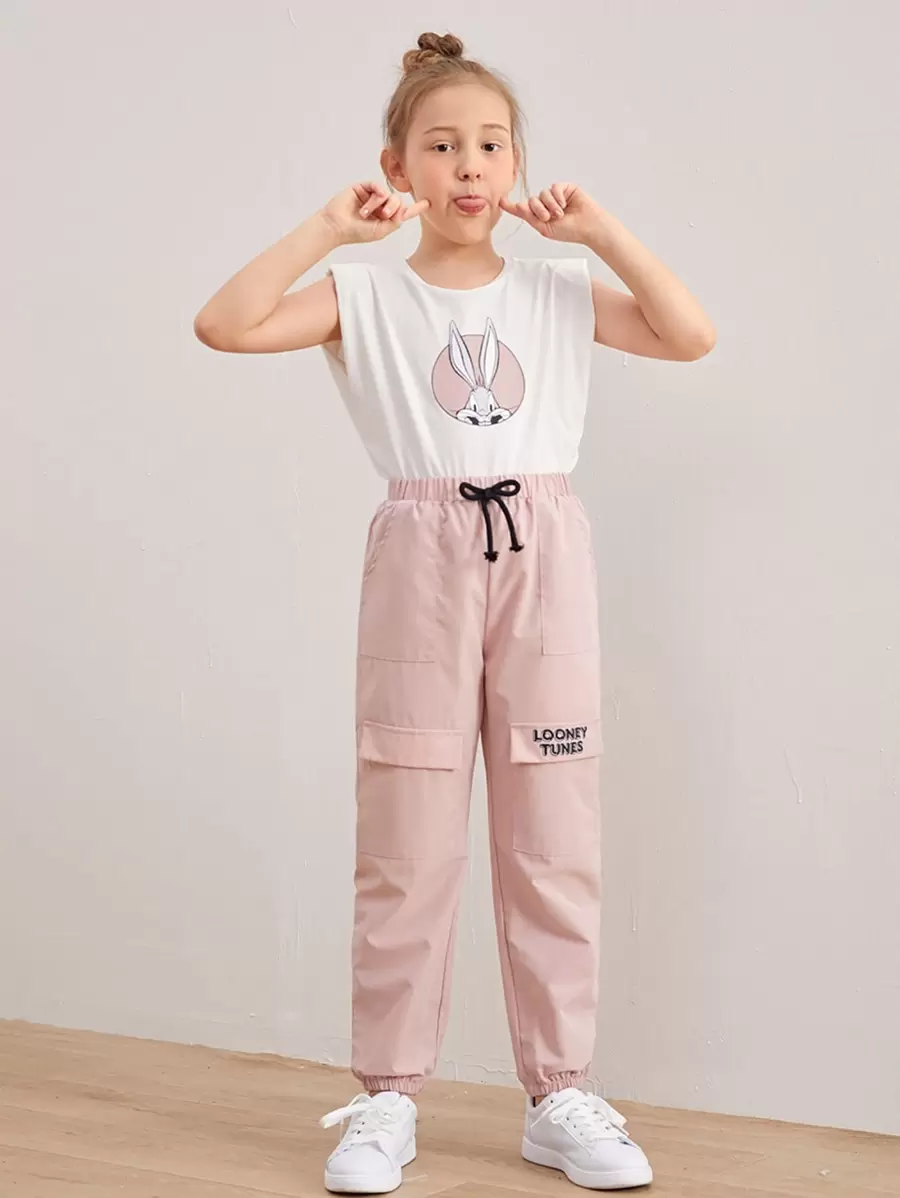 LOONEY TUNES X SHEIN Mädchen Top mit Karikatur Grafik & Hose mit Schnürung-Taille und Taschenklappe
