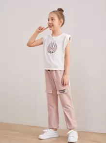 LOONEY TUNES X SHEIN Mädchen Top mit Karikatur Grafik & Hose mit Schnürung-Taille und Taschenklappe