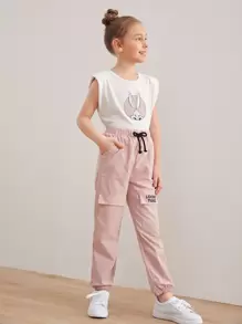 LOONEY TUNES X SHEIN Mädchen Top mit Karikatur Grafik & Hose mit Schnürung-Taille und Taschenklappe