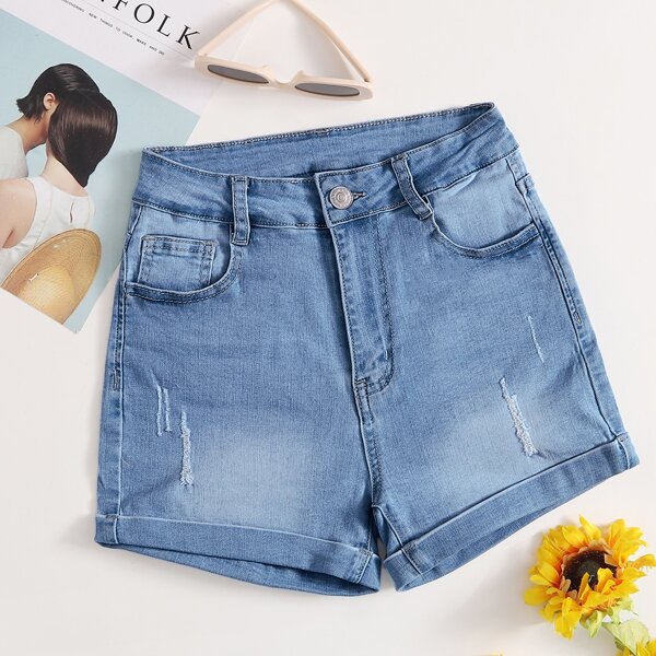 

High Waist Bleach Wash Ripped Denim Shorts, Medium wash