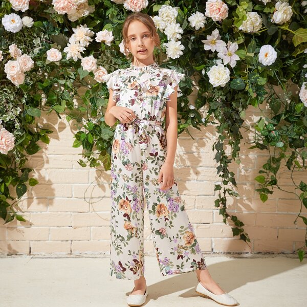 

Girls Floral Print Ruffle Armhole Belted Jumpsuit, Multicolor