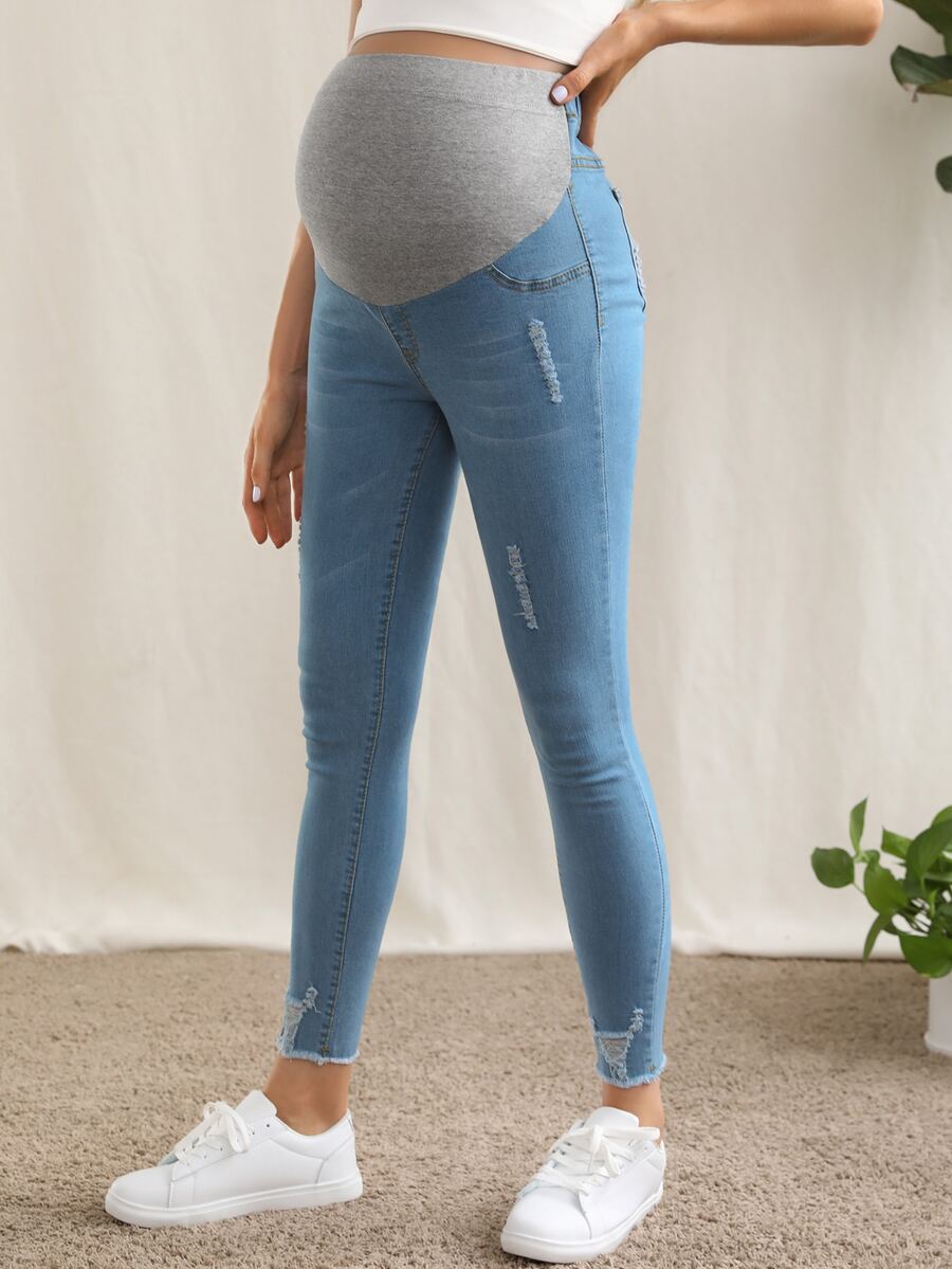 SHEIN 孕婦裝高腰破洞細節緊身牛仔褲 - 中等水洗藍 - 查看 1