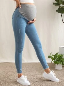 SHEIN 孕婦裝高腰破洞細節緊身牛仔褲 - 中等水洗藍 - 查看 6