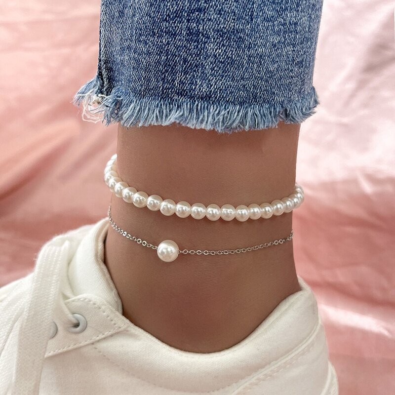

2pcs Faux Pearl Anklet, White
