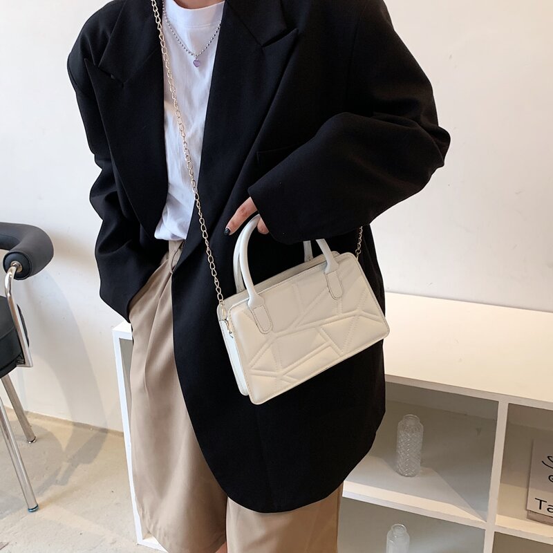 

Quilted Chain Satchel Bag, White